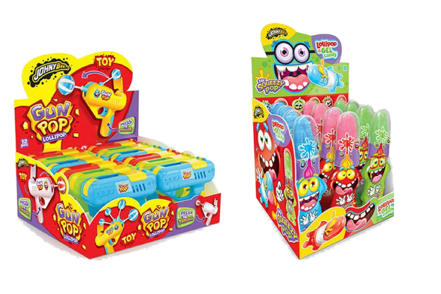 Présentoirs Johny Bee Gun Pop et Mr. Squeezy Pop