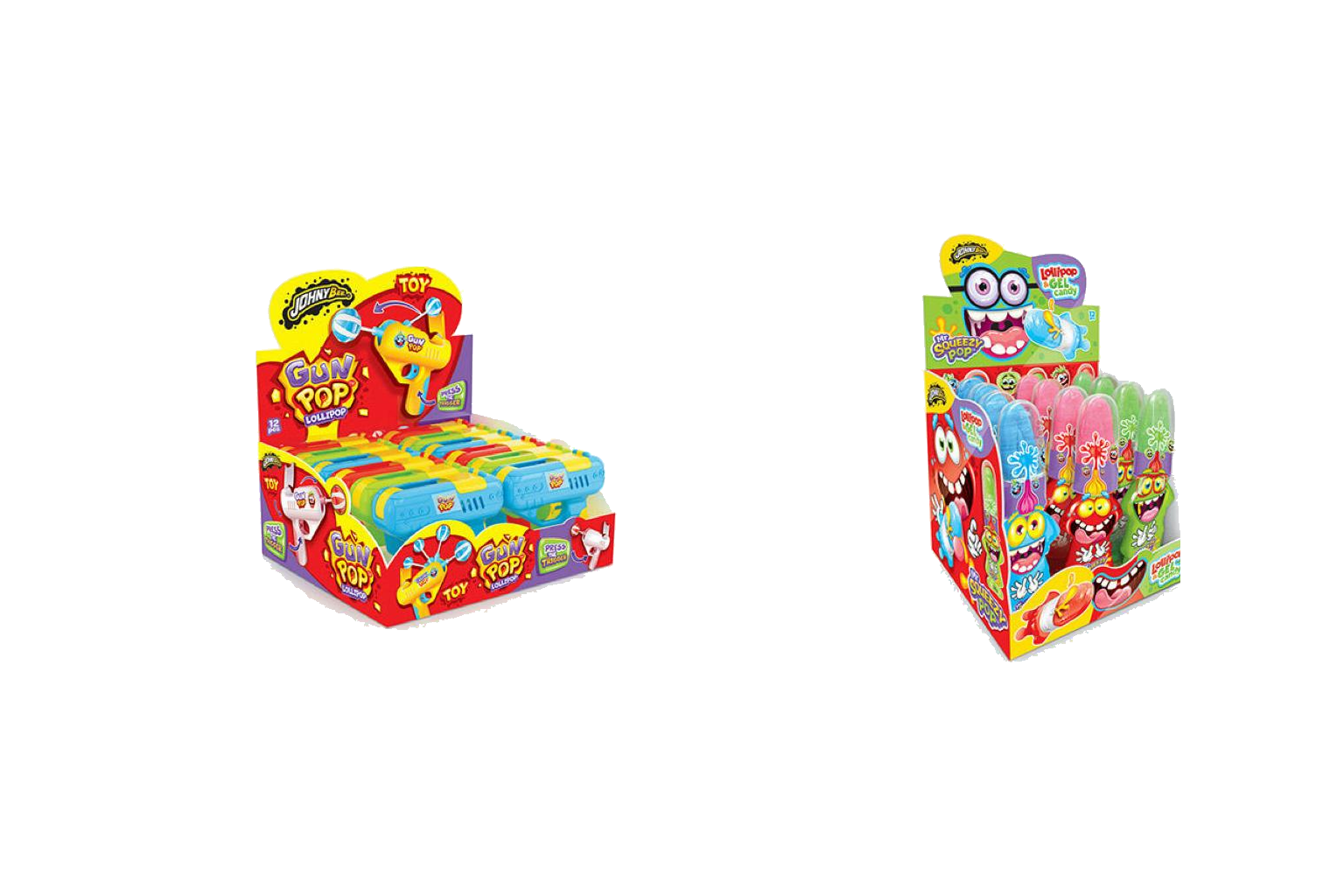 Présentoirs Johny Bee Gun Pop et Mr. Squeezy Pop